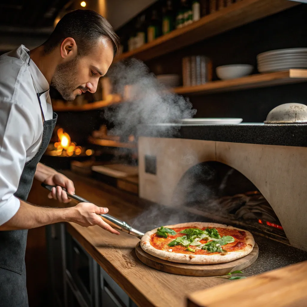 A chef with a wood-fired pizza oven