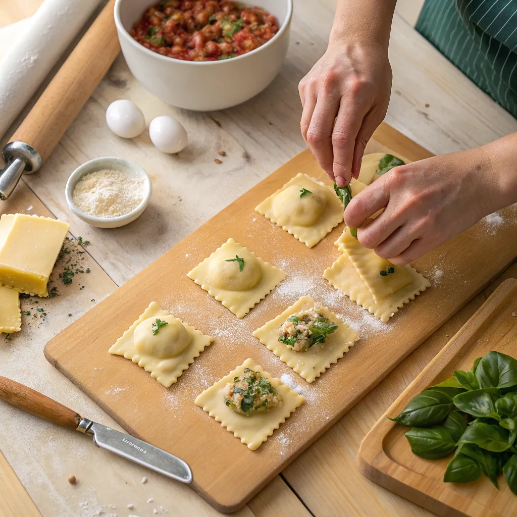 Hands preparing ravioli on a wooden table